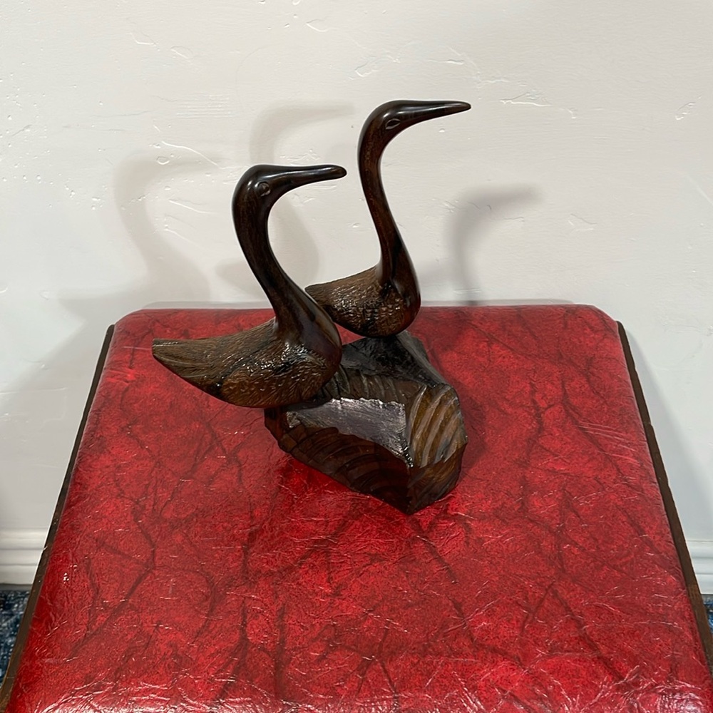 Hand carved wooden Carving Pair of ducks on log (I think it might be ironwood
